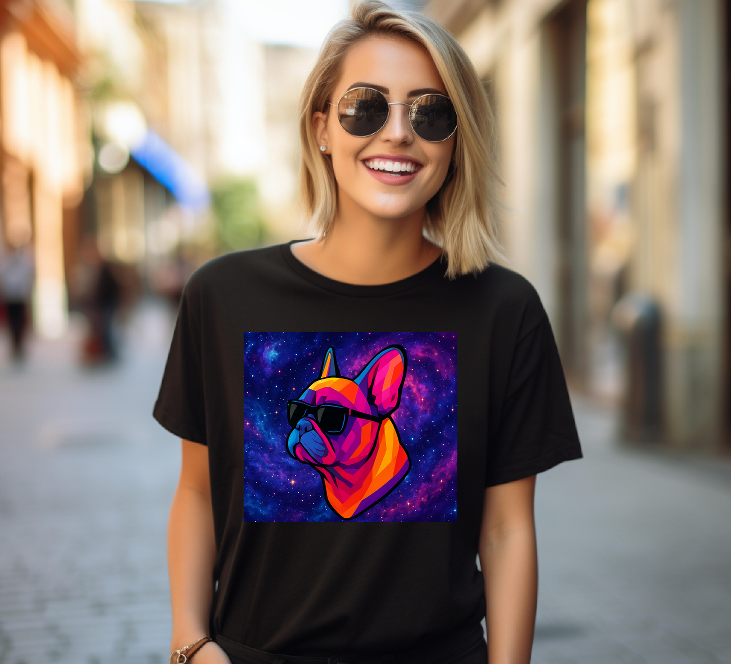 French Bulldog with Vibrant Colors with Sunglasses T-shirt